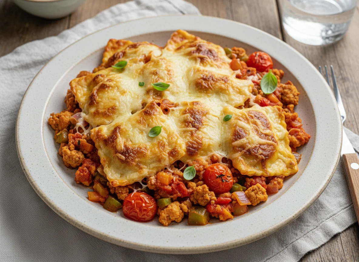 Baked Ravioli with Ground Chicken and Vegetable Sauce photo