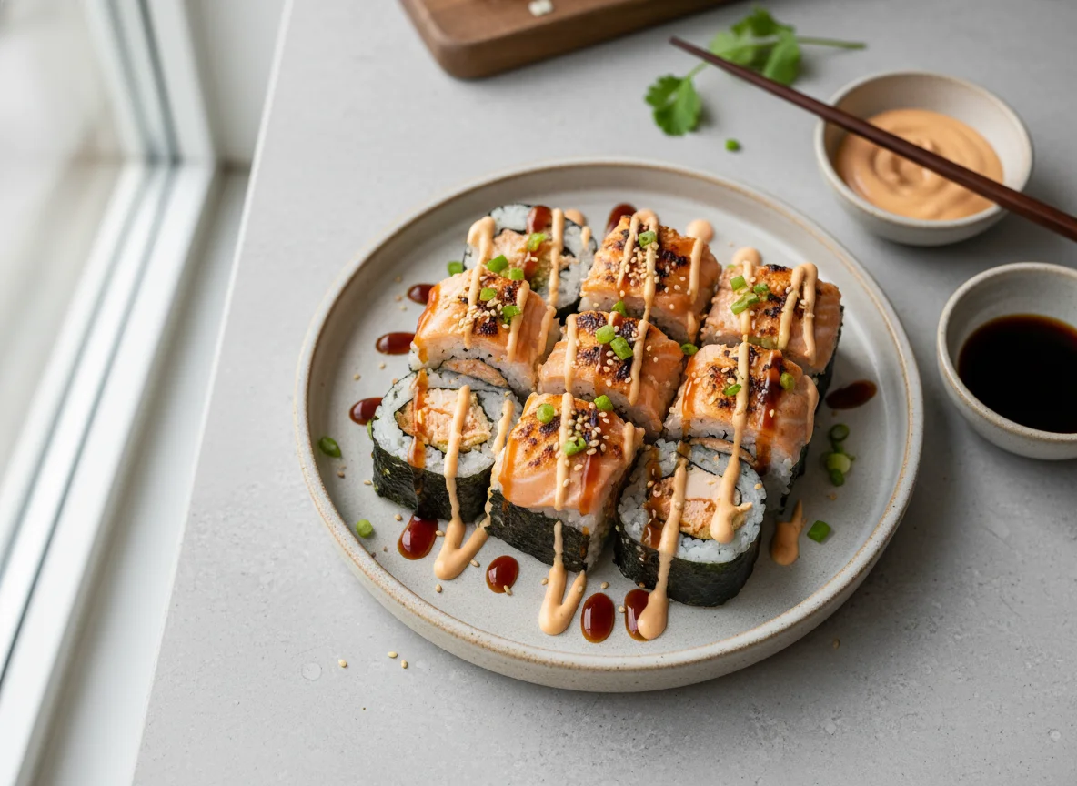 Baked Salmon Sushi Rolls with Sauces photo