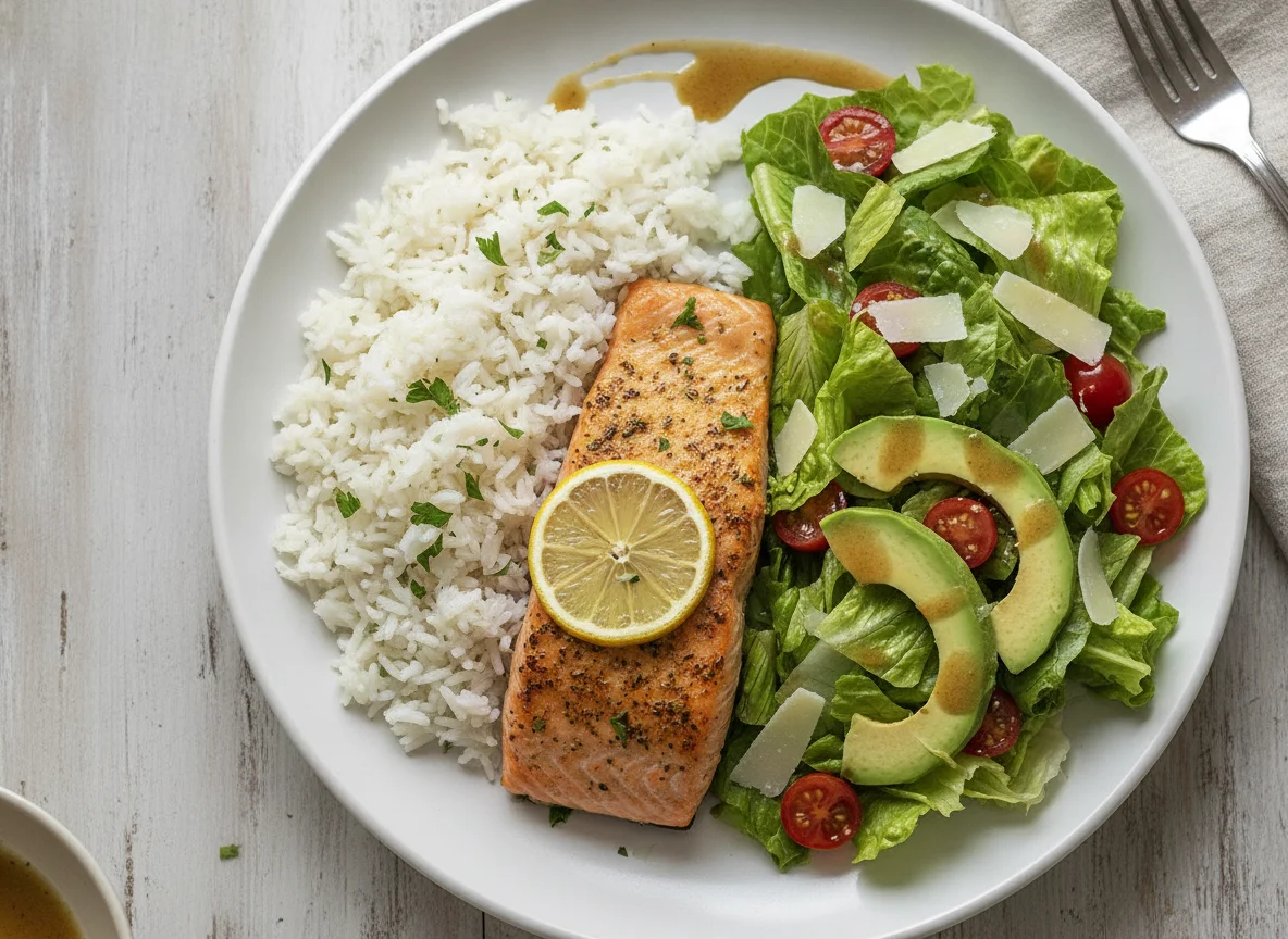 Baked Salmon with Basmati Rice and Garden Salad photo
