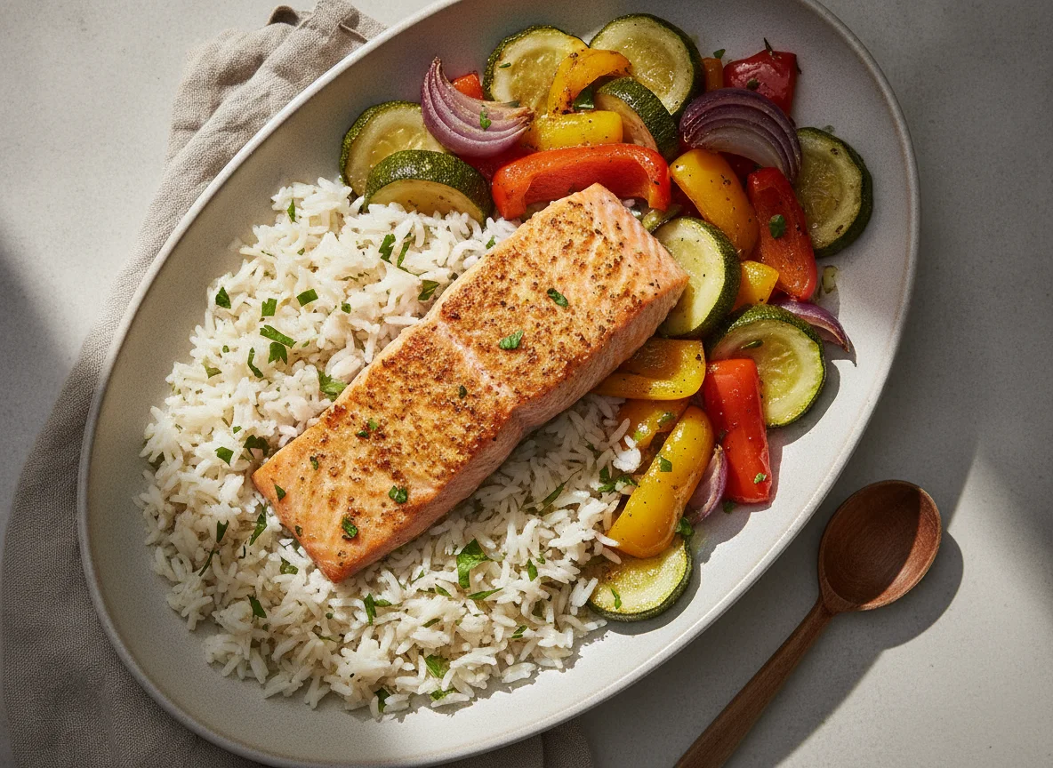 Baked Salmon with Basmati Rice and Roasted Vegetables photo