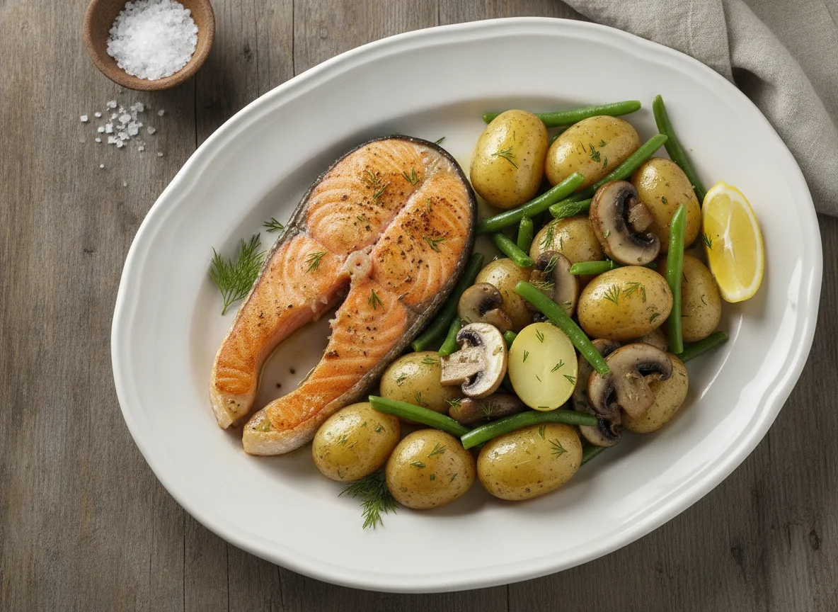Baked salmon with boiled potatoes, green beans and mushrooms photo