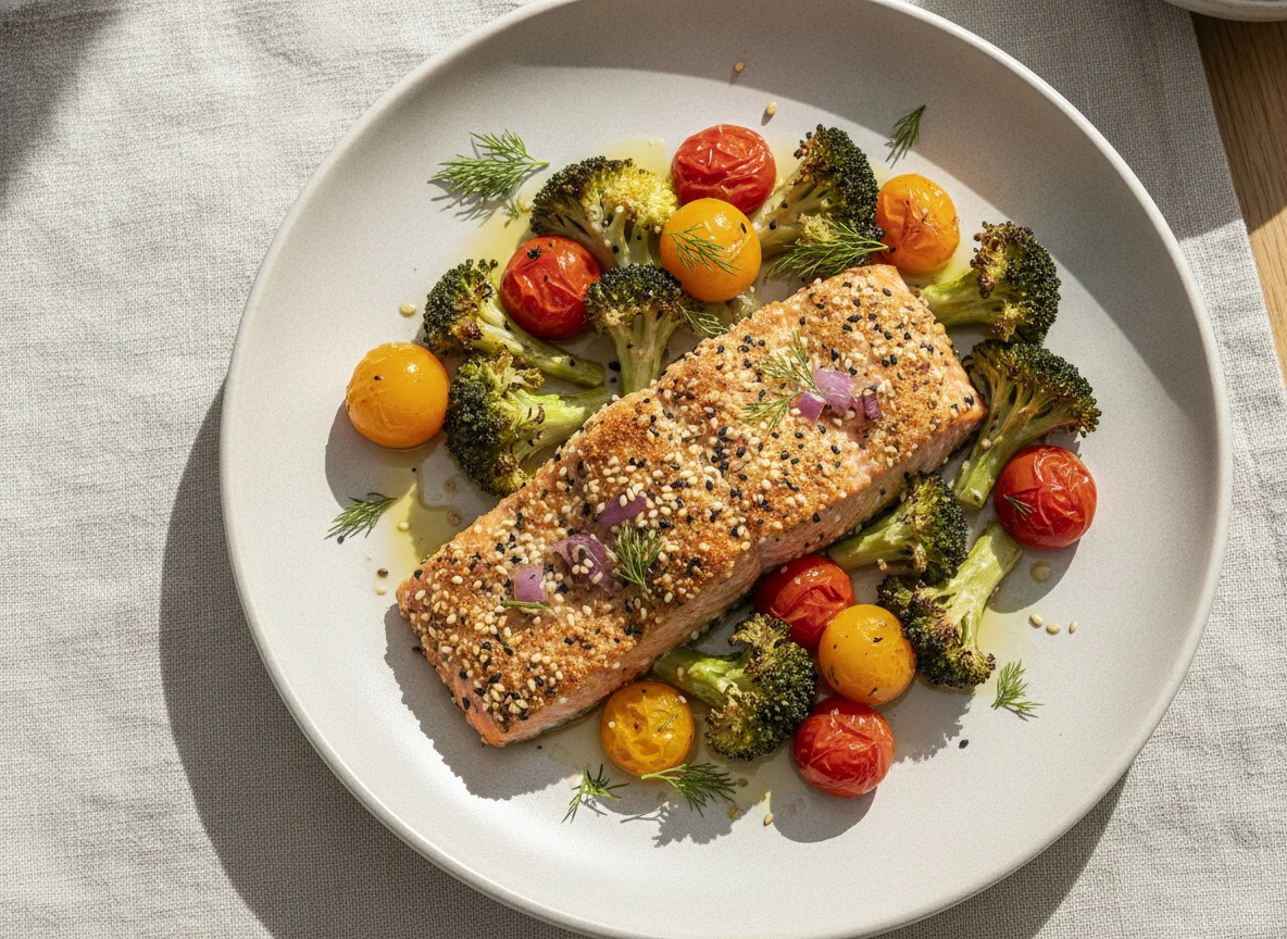 Baked Salmon with Broccoli and Cherry Tomatoes photo
