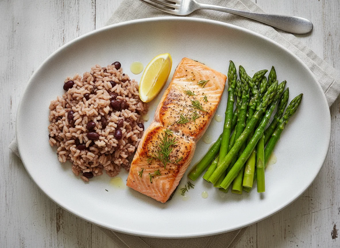 Baked Salmon with Brown Rice, Black Beans, and Asparagus photo
