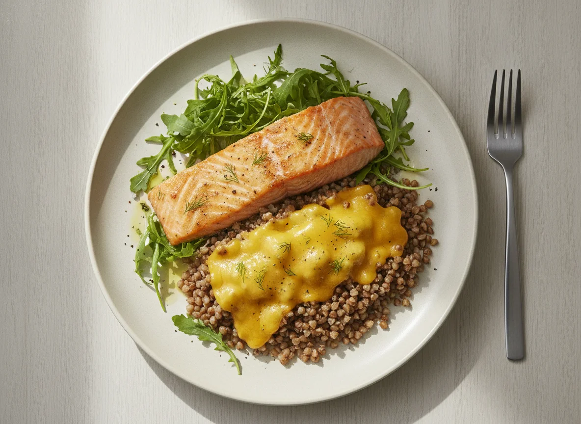 Baked Salmon with Buckwheat and Arugula photo