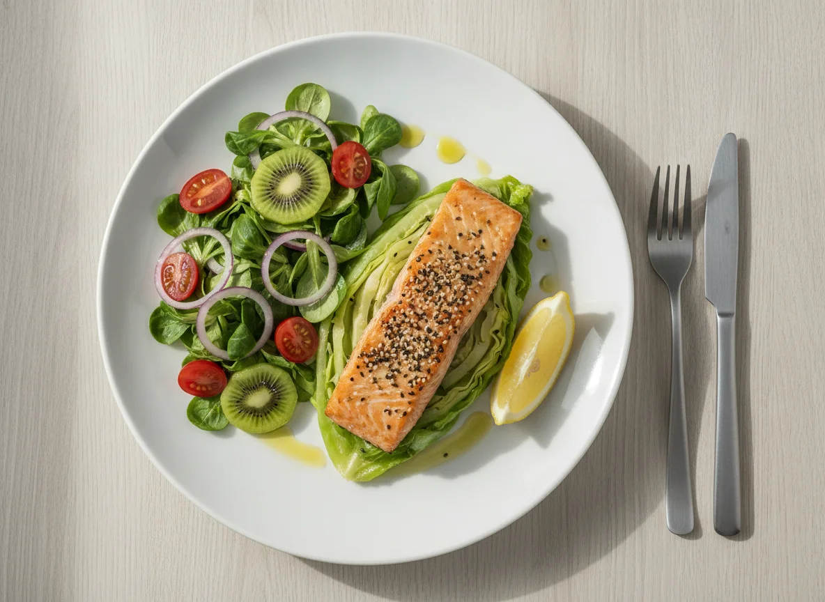 Baked Salmon with Cabbage, Mixed Salad and Kiwi photo
