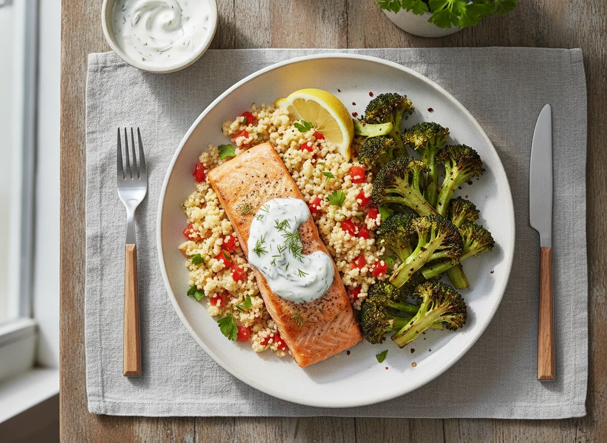 Baked Salmon with Couscous and Roasted Broccoli photo