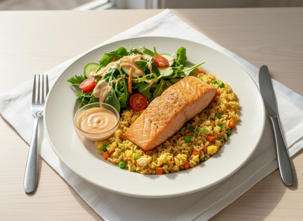 Baked Salmon with Fried Rice and Salad photo