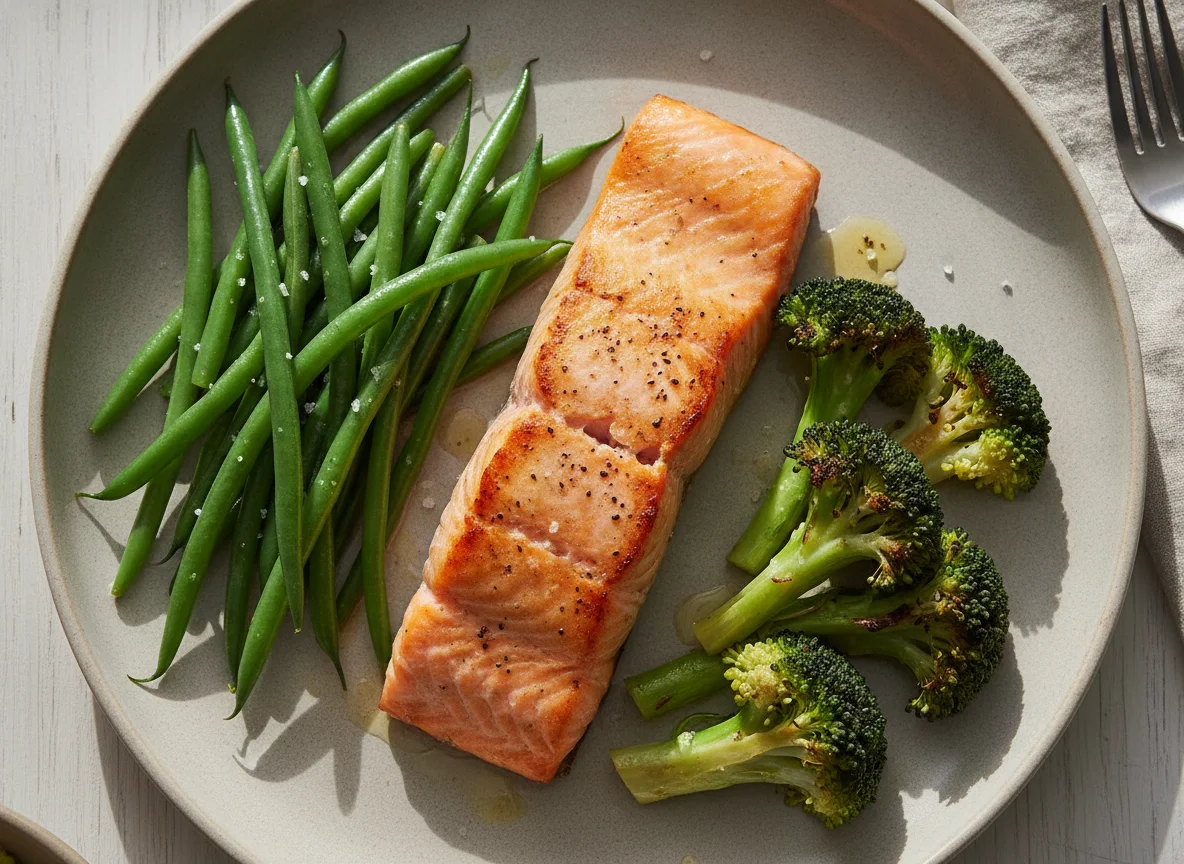 Baked Salmon with Green Beans and Broccoli photo