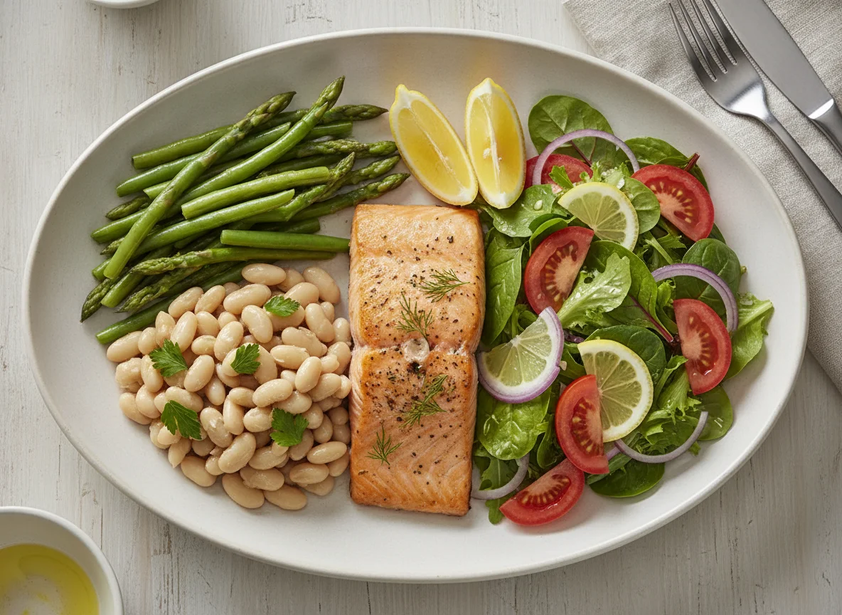 Baked Salmon with Green Beans, Asparagus, Cannellini Beans and Salad photo