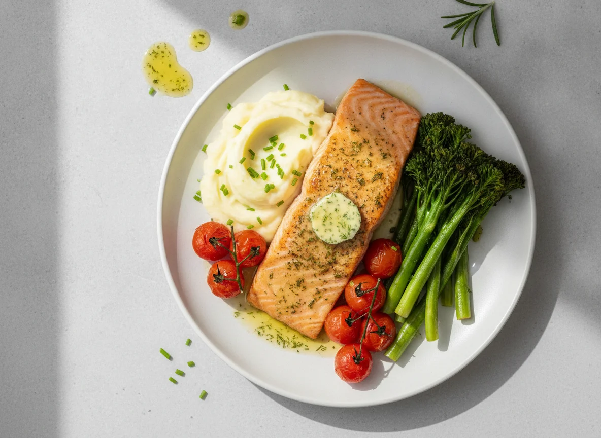 Baked Salmon with Mashed Potatoes and Broccolini photo