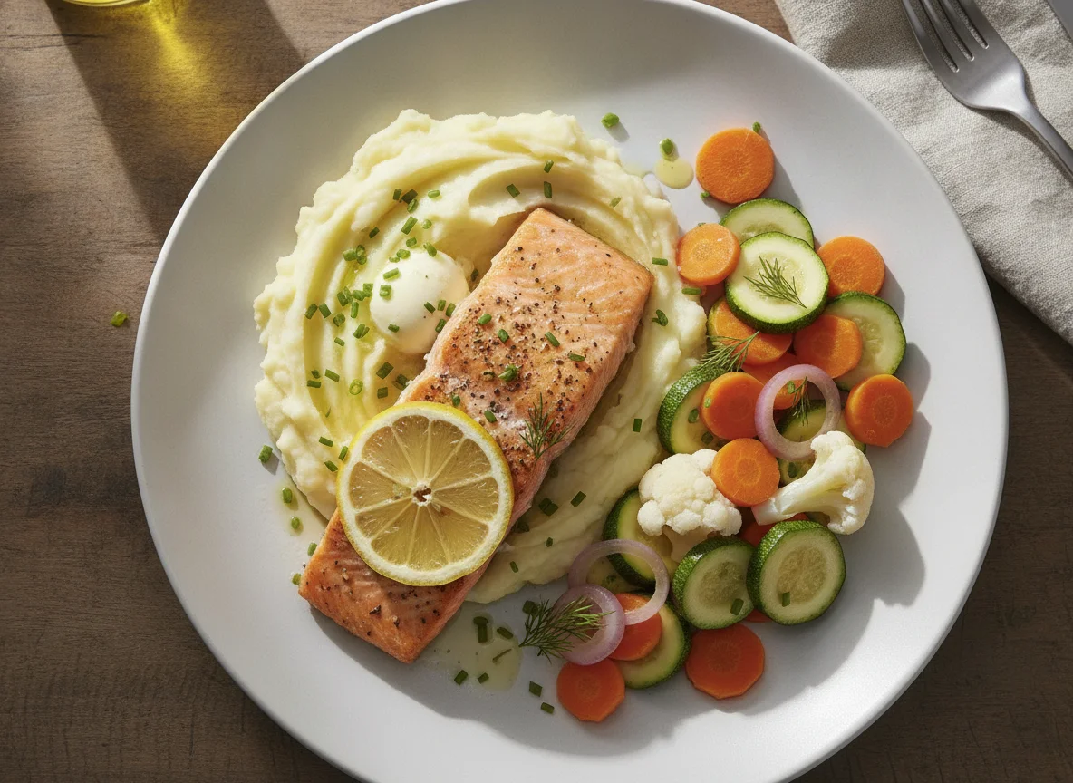 Baked Salmon with Mashed Potatoes and Steamed Vegetables photo