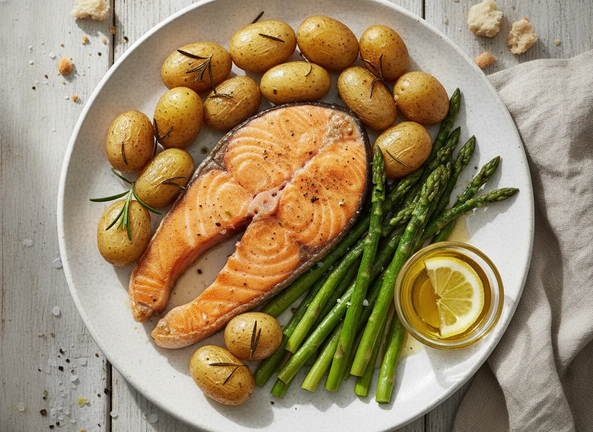 Baked Salmon with New Potatoes and Asparagus photo