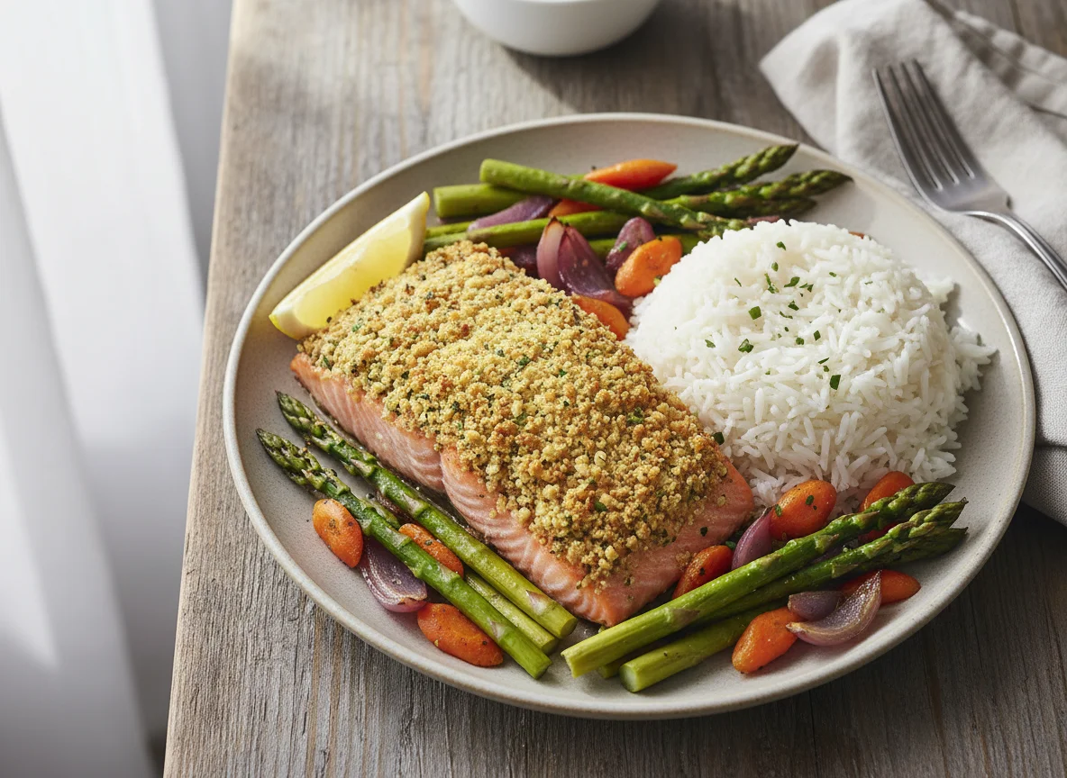 Baked Salmon with Rice and Roasted Vegetables photo