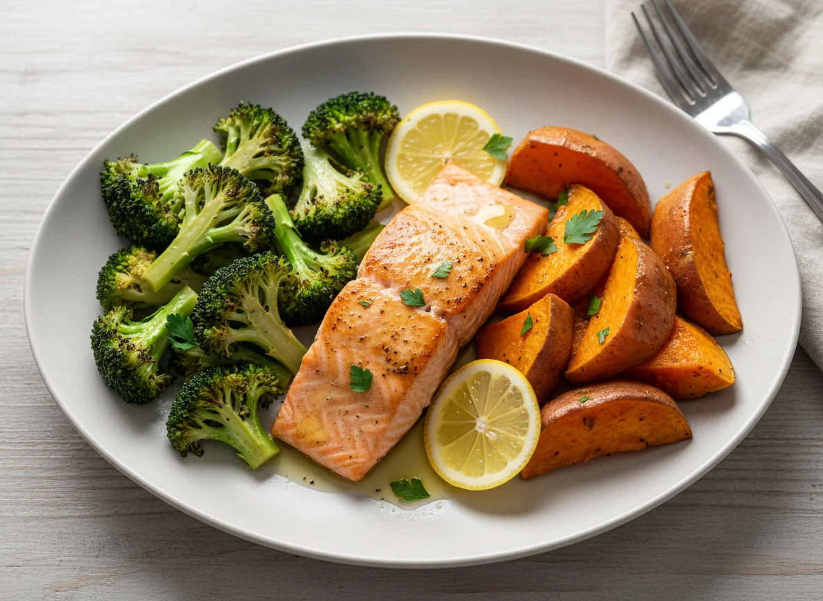 Baked Salmon with Roasted Broccoli and Sweet Potato photo