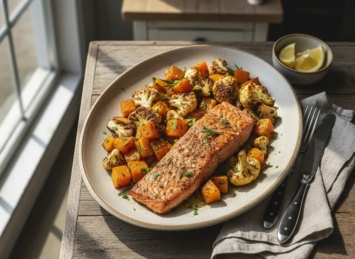 Baked Salmon with Roasted Butternut Squash and Cauliflower photo