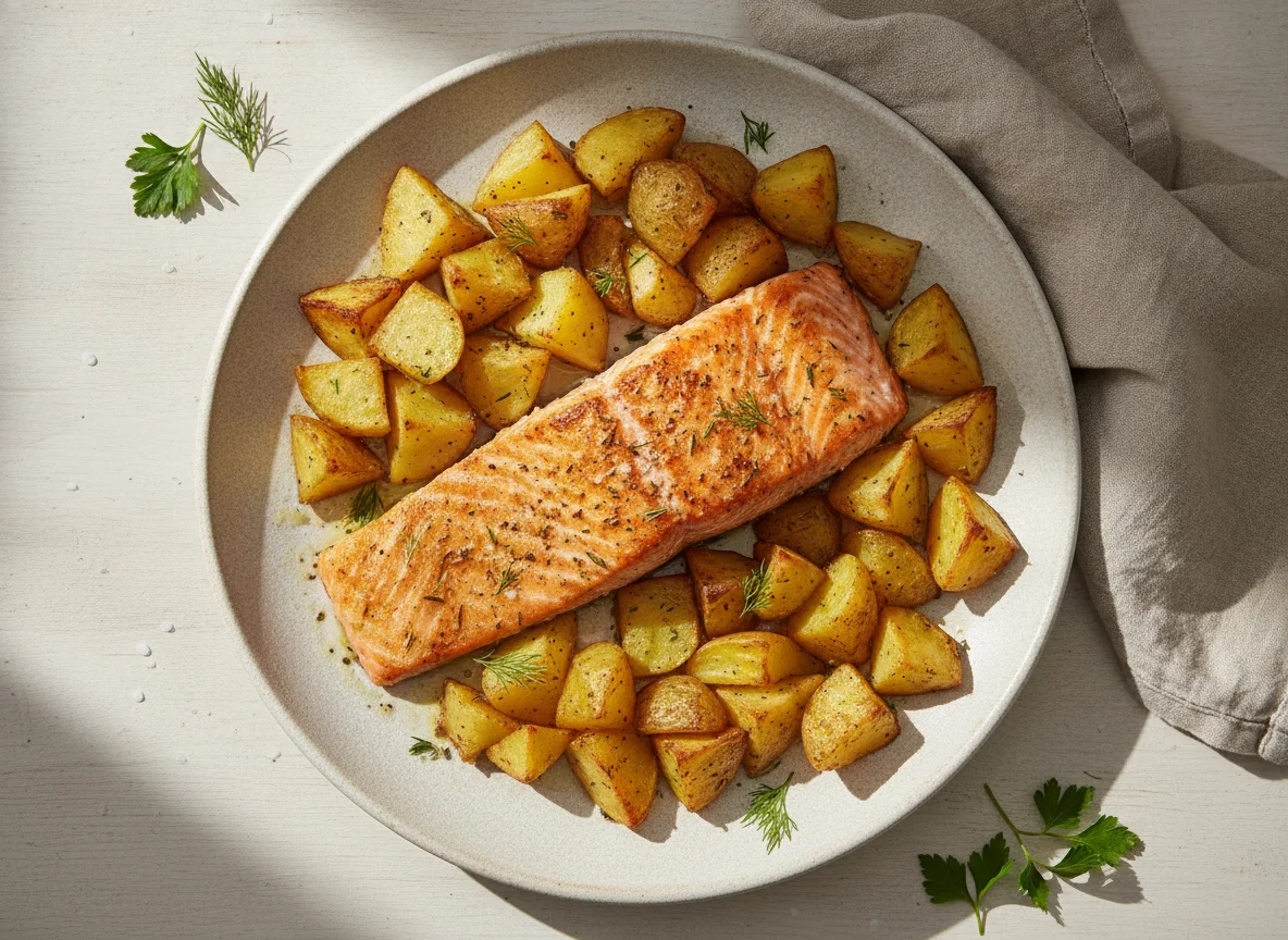 Baked salmon with roasted potatoes photo