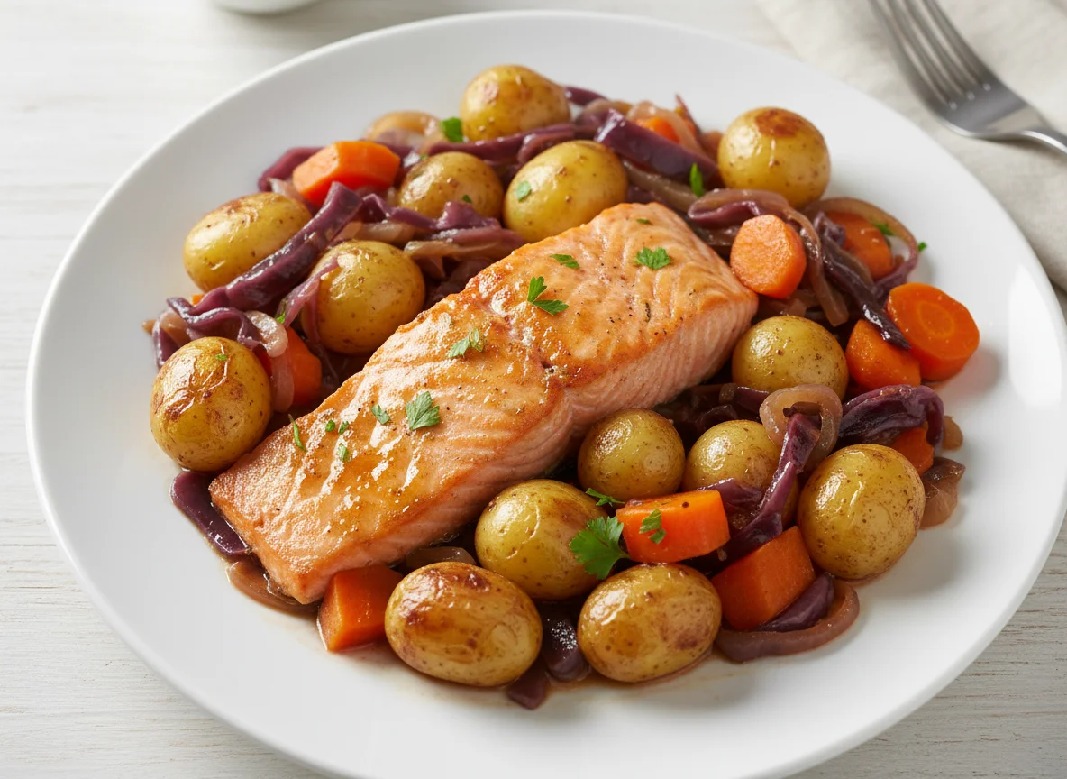 Baked Salmon with Roasted Potatoes and Braised Cabbage and Carrots photo