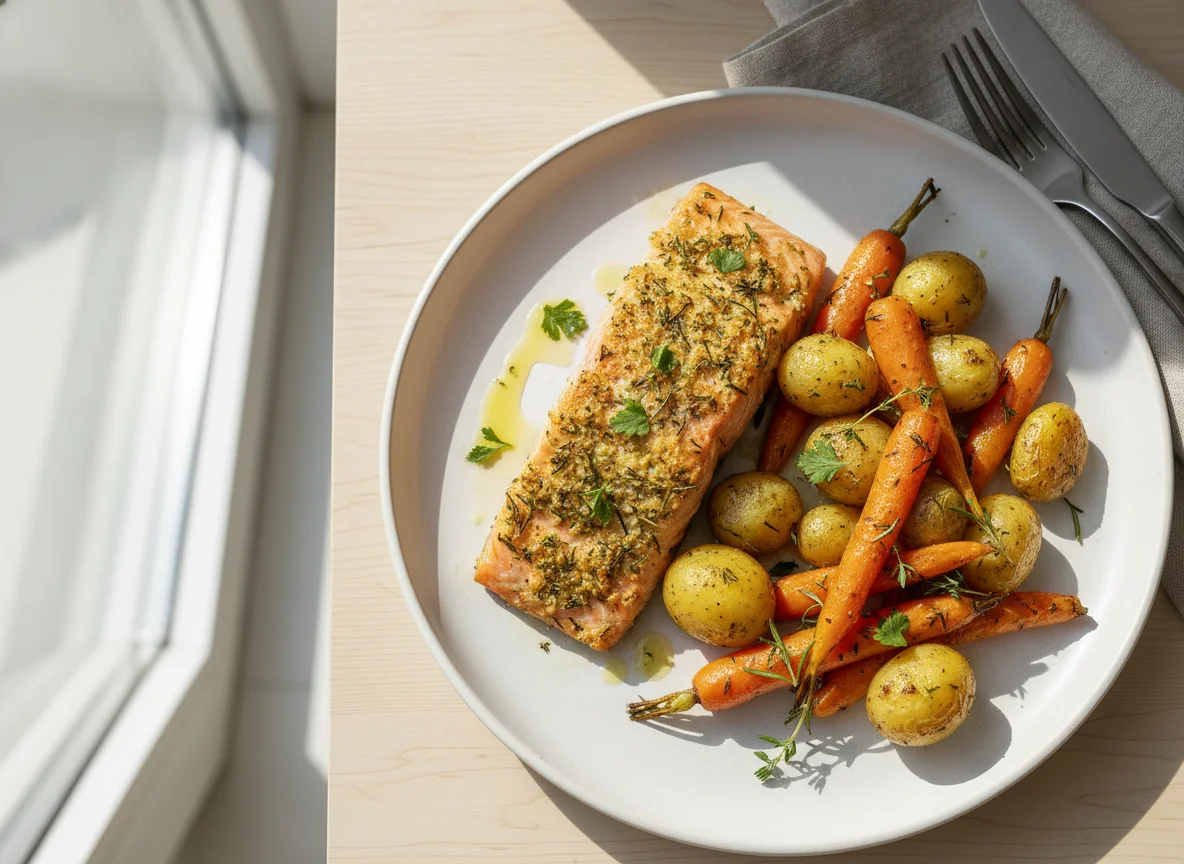 Baked Salmon with Roasted Potatoes and Carrots photo