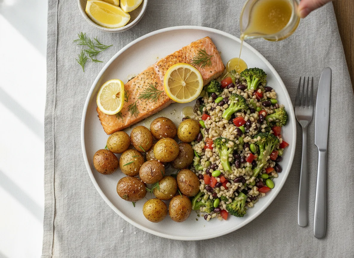 Baked Salmon with Roasted Potatoes and Mixed Vegetable Grain Salad photo