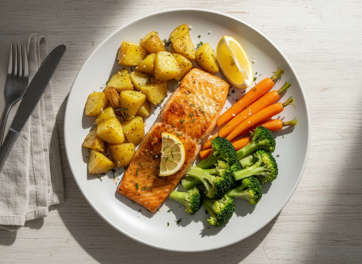 Baked Salmon with Roasted Potatoes and Steamed Vegetables photo