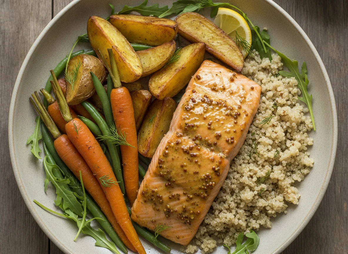 Baked salmon with roasted vegetables, quinoa and arugula photo