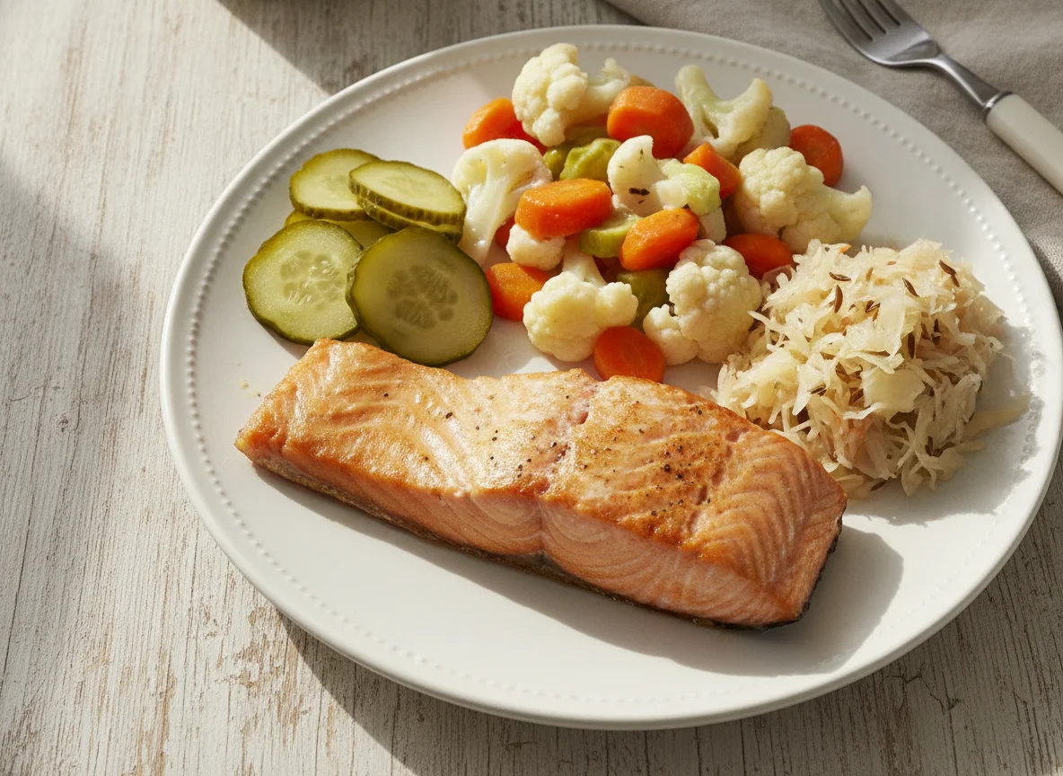 Baked Salmon with Steamed Vegetables and Pickles photo