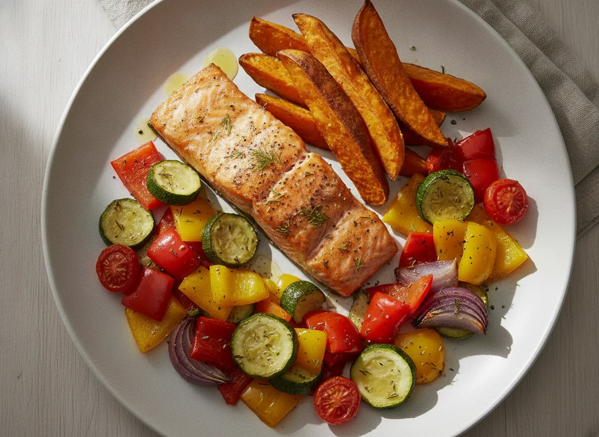 Baked Salmon with Sweet Potato and Roasted Vegetables photo