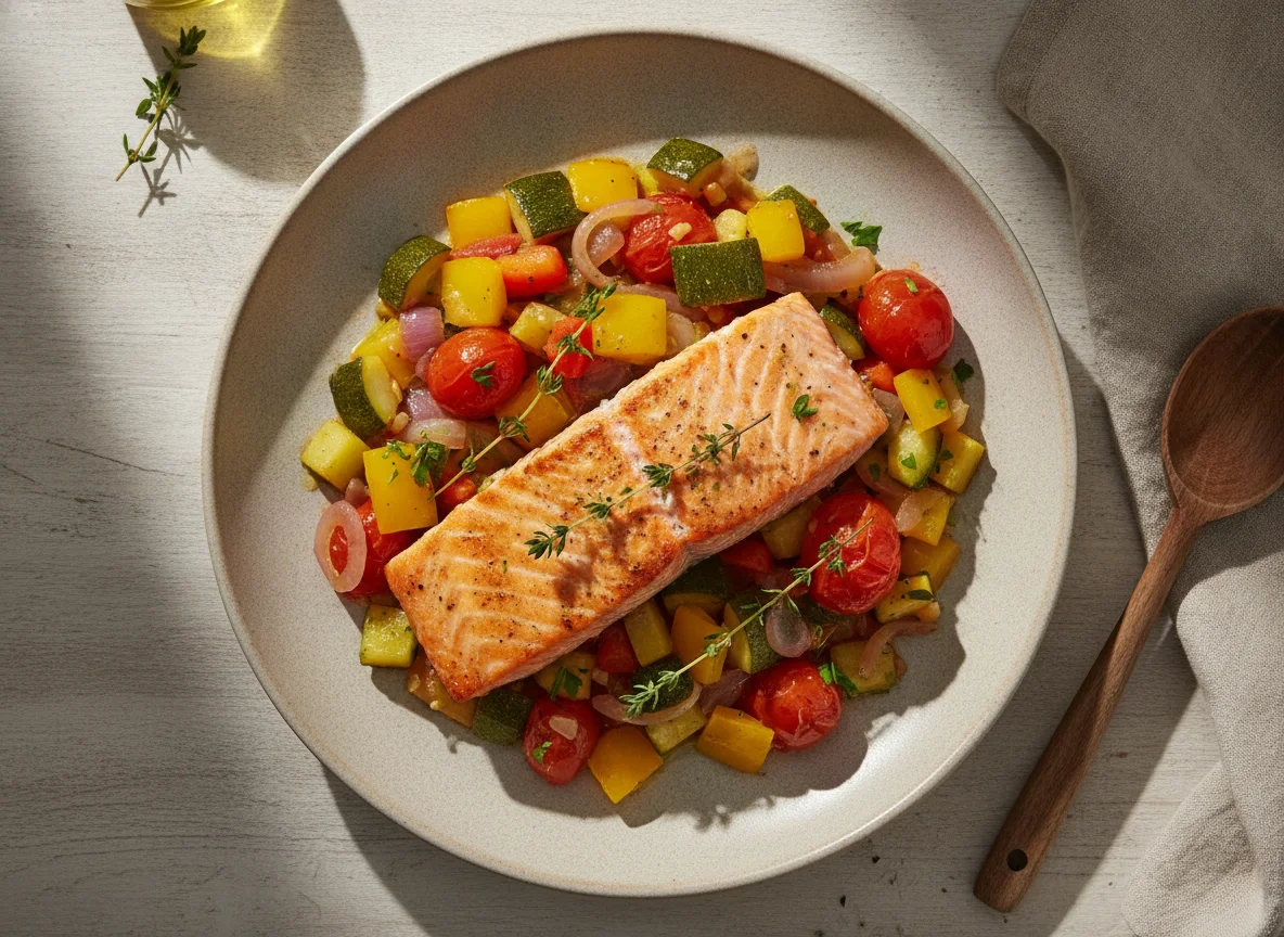 Baked salmon with vegetable ratatouille photo