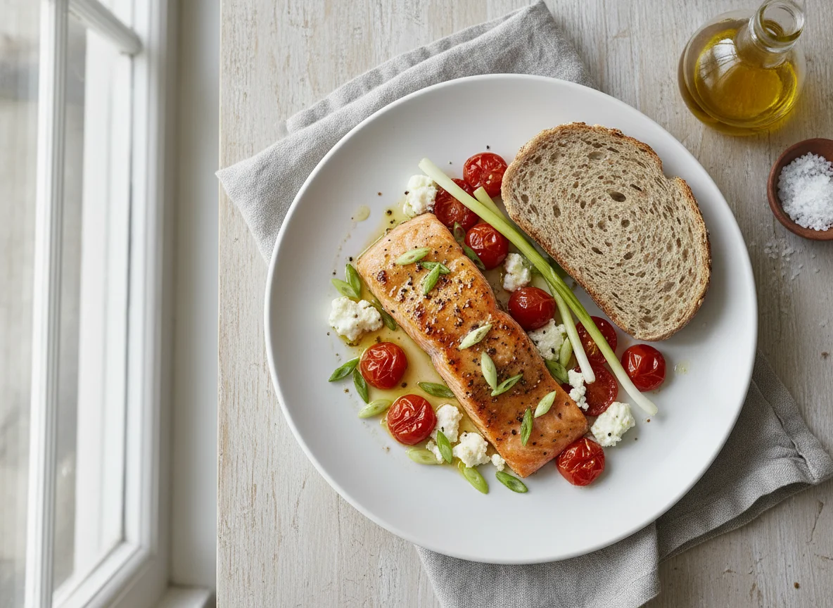 Baked Salmon with Vegetables and Bread photo