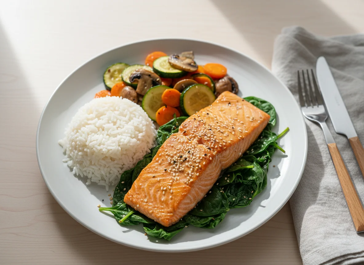 Baked Salmon with Vegetables and Rice on Spinach photo