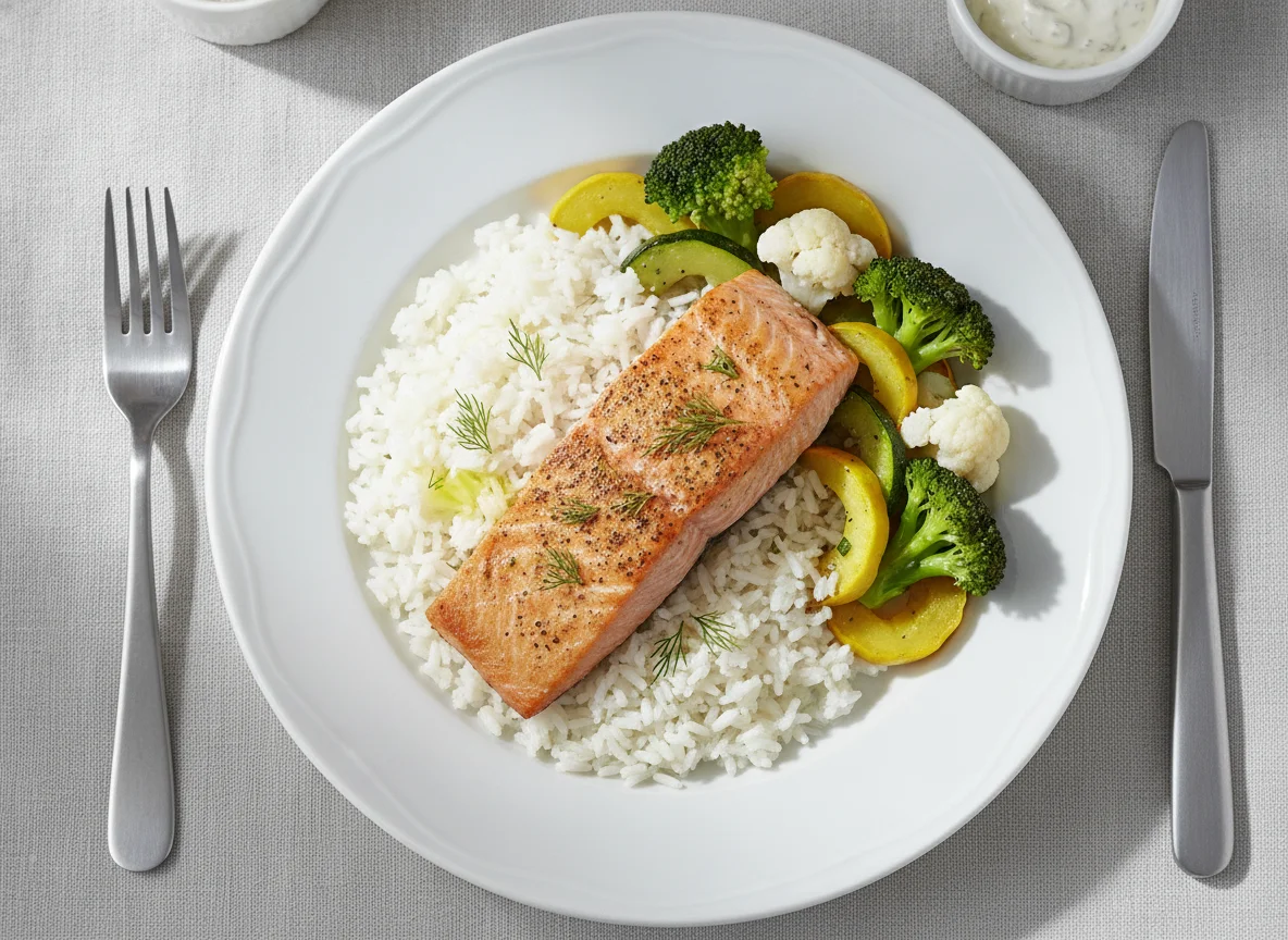 Baked Salmon with White Rice and Steamed Vegetables photo