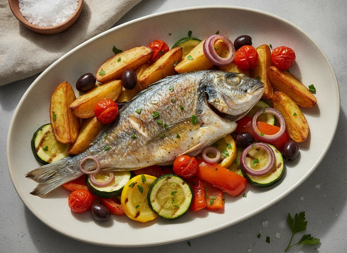 Baked Sea Bream with Roasted Potatoes and Mediterranean Vegetables photo