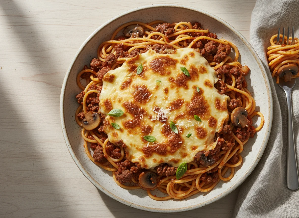 Baked Spaghetti with Meat Sauce and Cheese photo