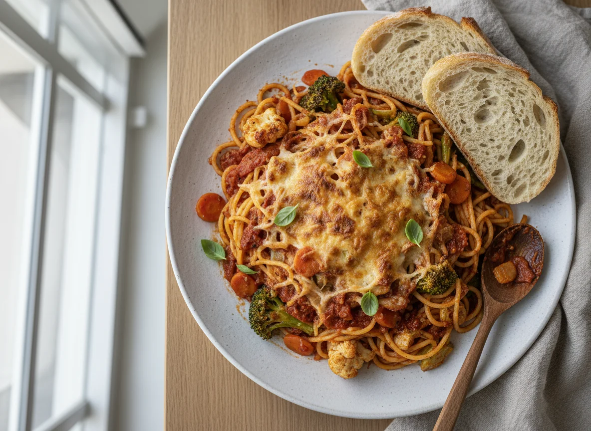 Baked Spaghetti with Mixed Vegetables and Sourdough Bread photo