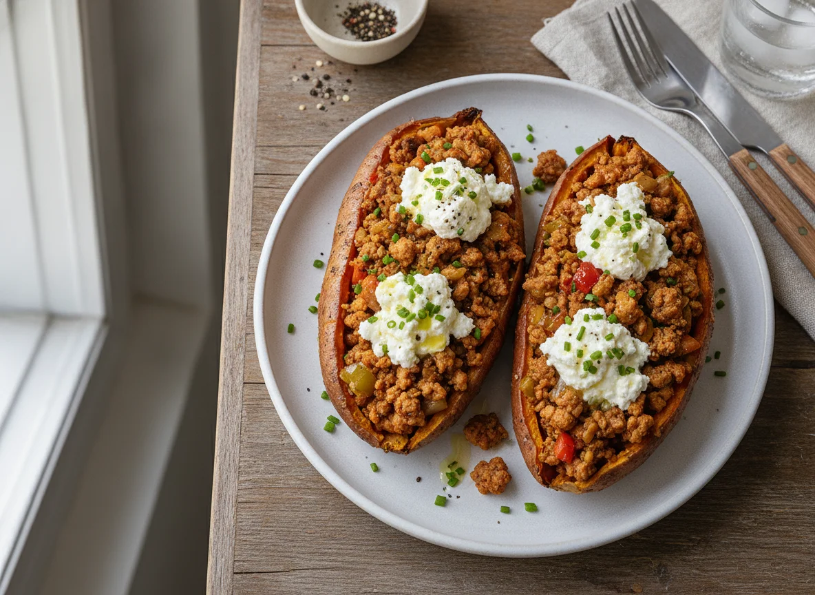 Baked Sweet Potato with Ground Turkey and Cottage Cheese photo