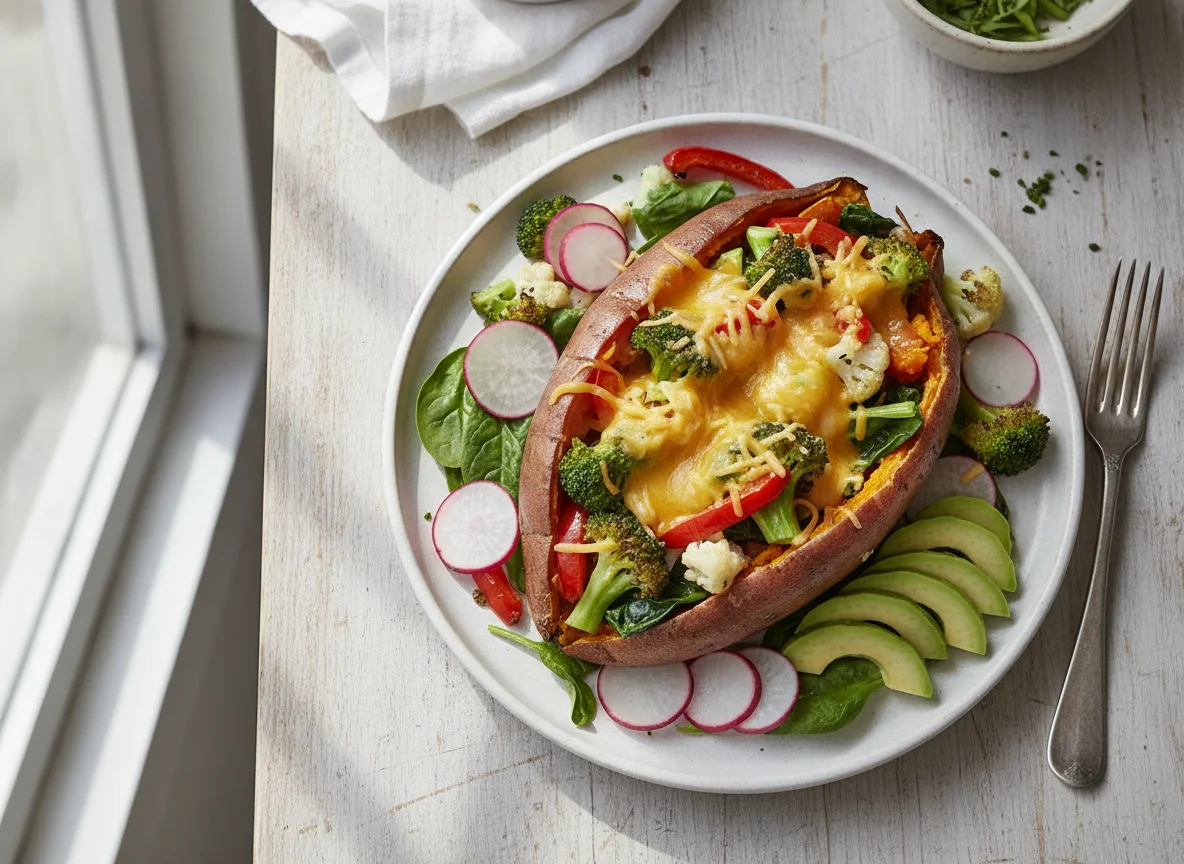 Baked sweet potato with mixed vegetables and cheese photo