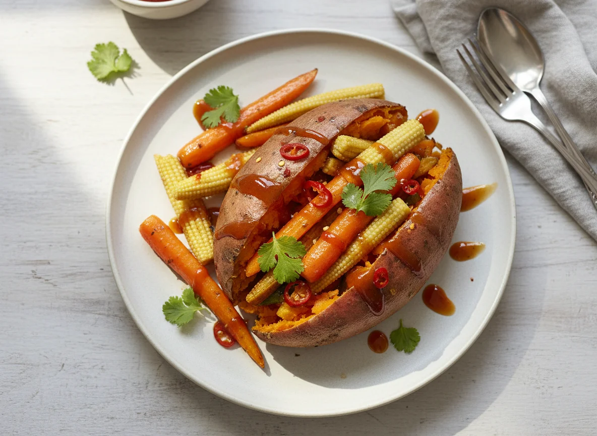 Baked Sweet Potato with Vegetables and Sauce photo