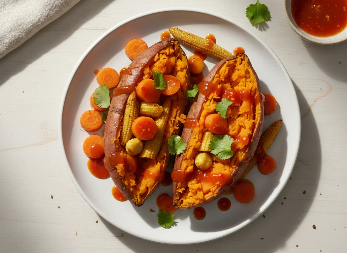 Baked Sweet Potato with Vegetables and Sweet Chilli Sauce photo