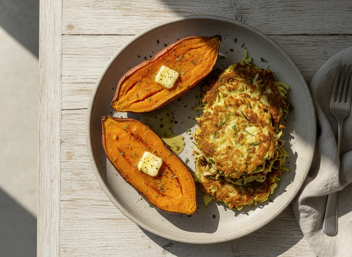 Baked Sweet Potatoes and Vegetable Fritters photo