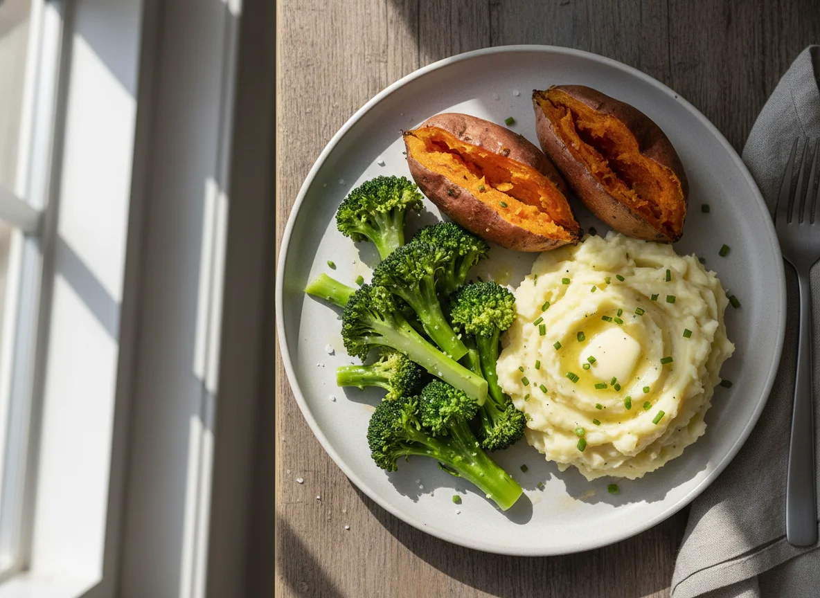 Baked Sweet Potatoes with Broccoli and Mashed Potatoes photo