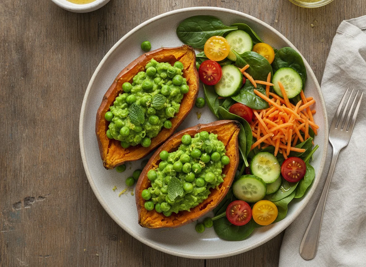 Baked sweet potatoes with mushy peas and side salad photo