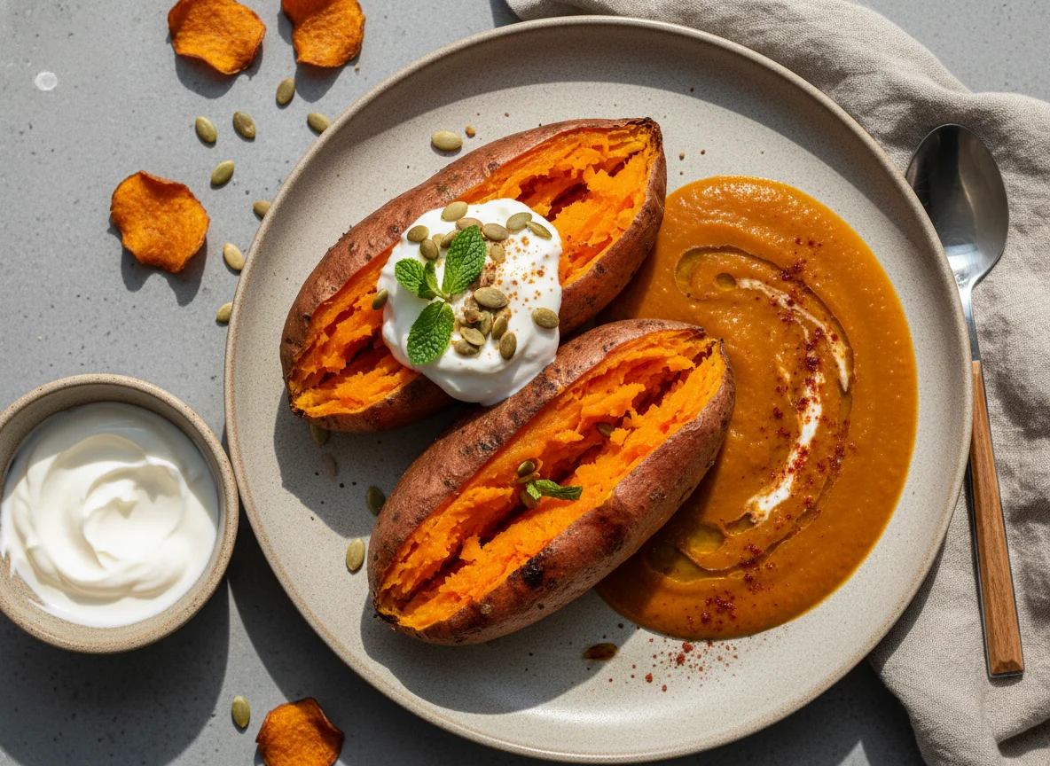 Baked Sweet Potatoes with Soup and Yogurt photo