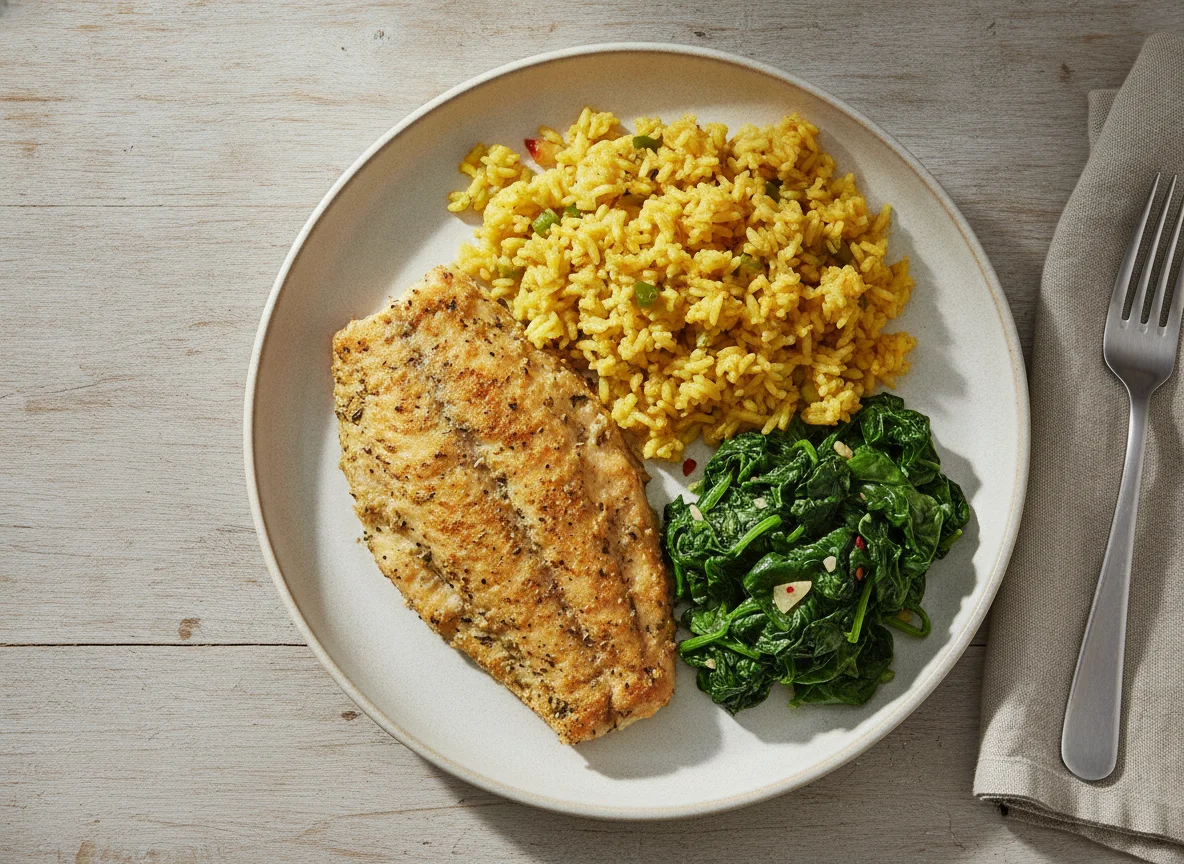 Baked Tilapia with Yellow Rice and Sautéed Spinach photo