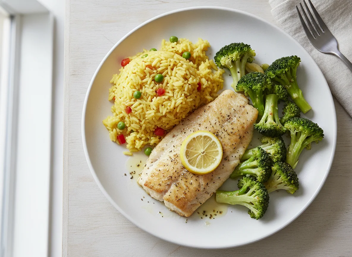 Baked Tilapia with Yellow Rice and Steamed Broccoli photo