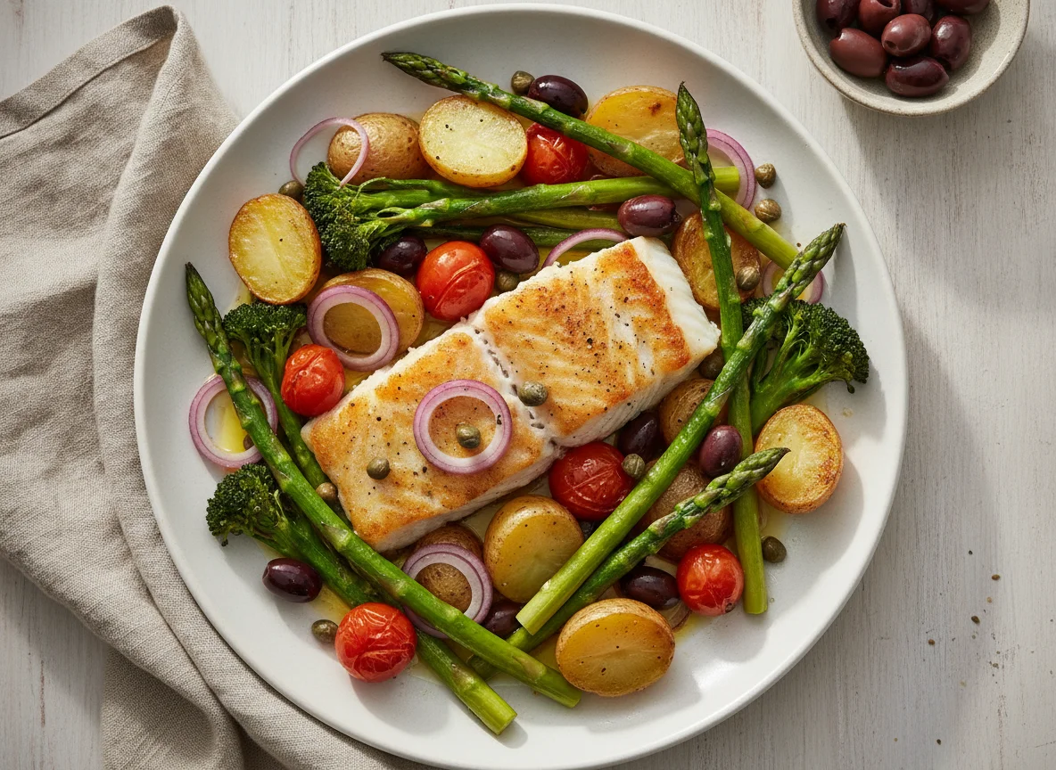 Baked White Fish with New Potatoes and Mediterranean Vegetables photo