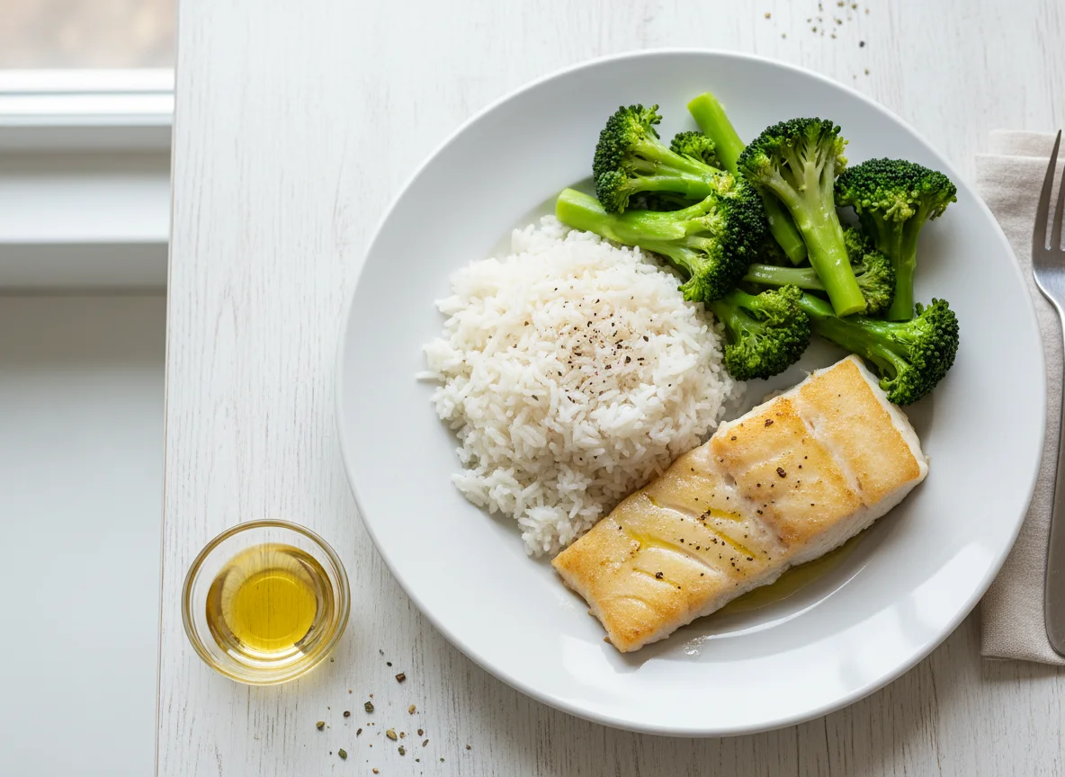 Baked White Fish with Rice and Broccoli photo