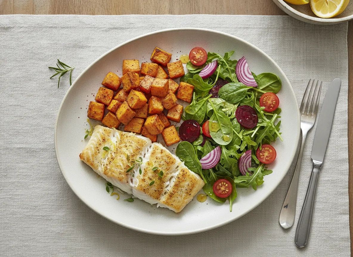 Baked white fish with roasted sweet potatoes and mixed salad photo