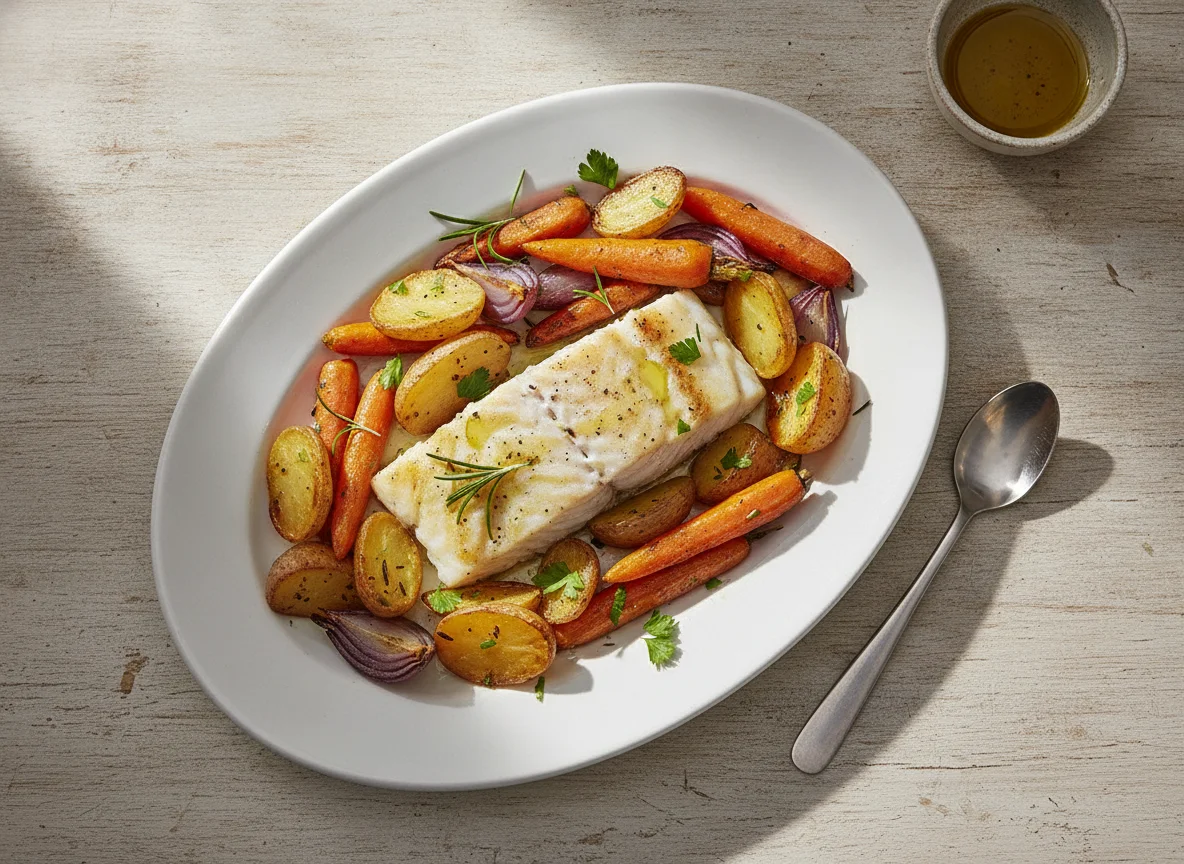 Baked white fish with roasted vegetables photo