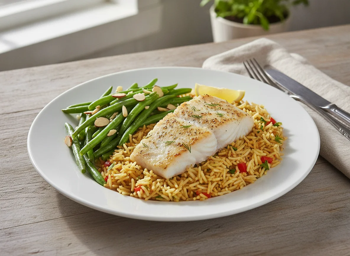 Baked White Fish with Seasoned Rice and Green Beans photo