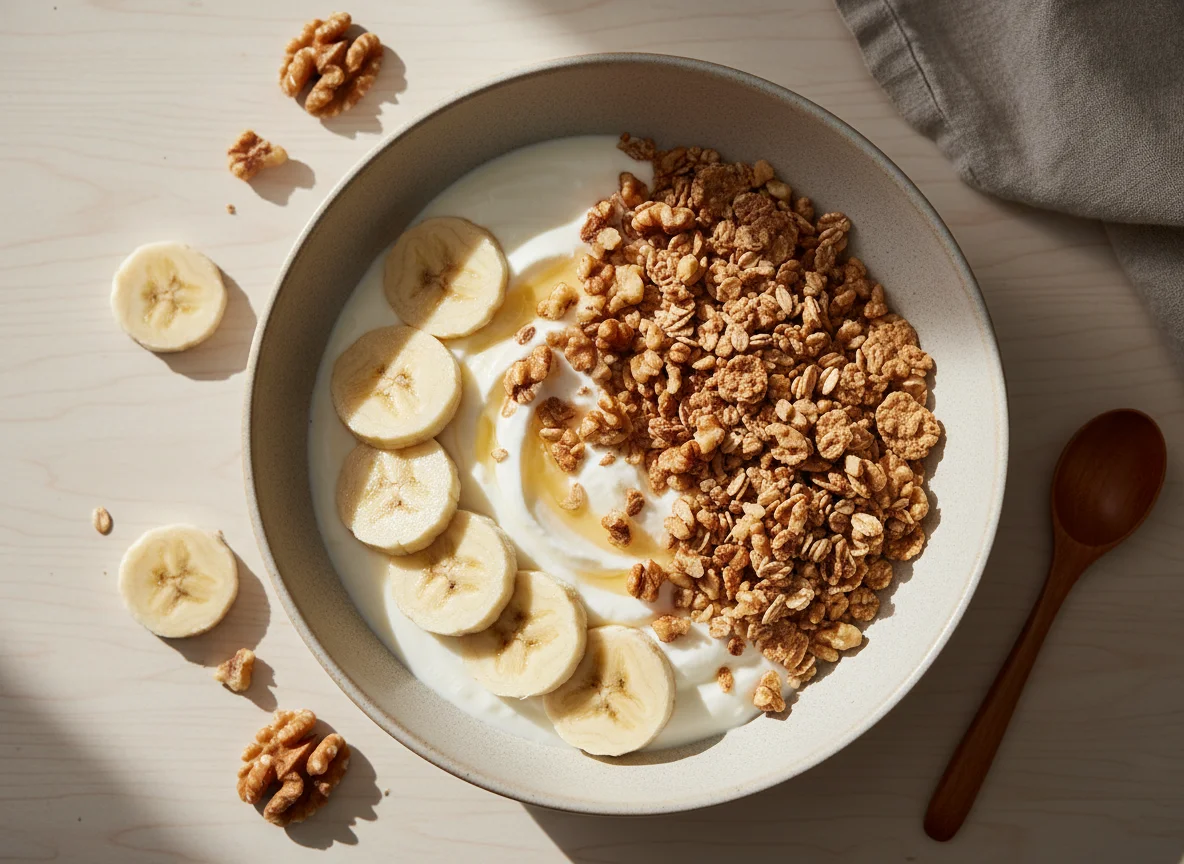 Banana and cereal bowl with yogurt photo
